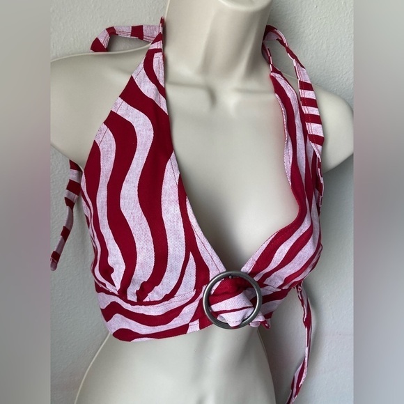 Dolls Kill Red and White Stripe Denim Halter Crop Bra top - Picture 2 of 11